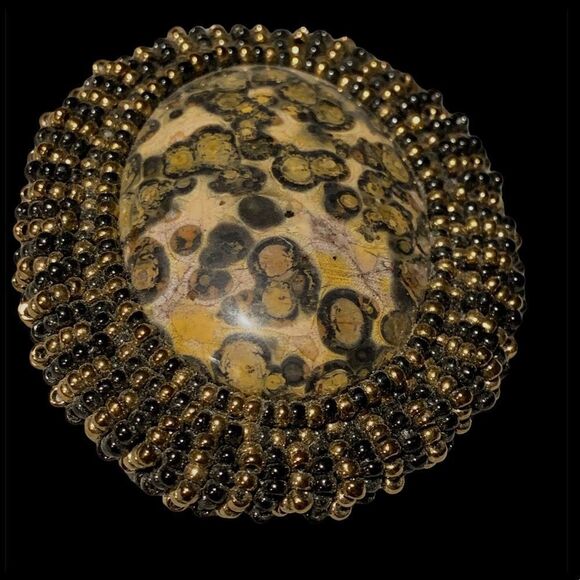 Vintage 1980’s hand crafted leopard agate oval glass beaded bezel brooch - Picture 7 of 9